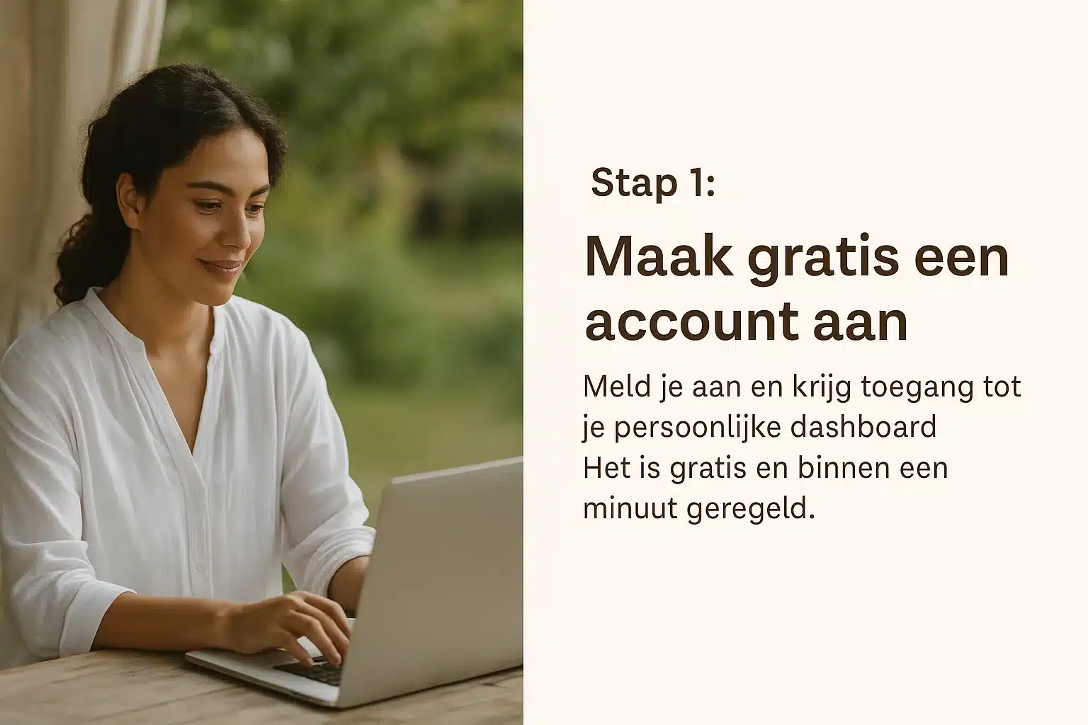 Vrouw werkt op laptop aan houten tafel in natuurlijke omgeving – stap 1: gratis account aanmaken op Suboha platform
