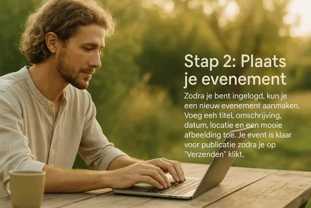 Man typt op laptop aan houten tafel in de natuur – stap 2: evenement aanmaken op Suboha platform