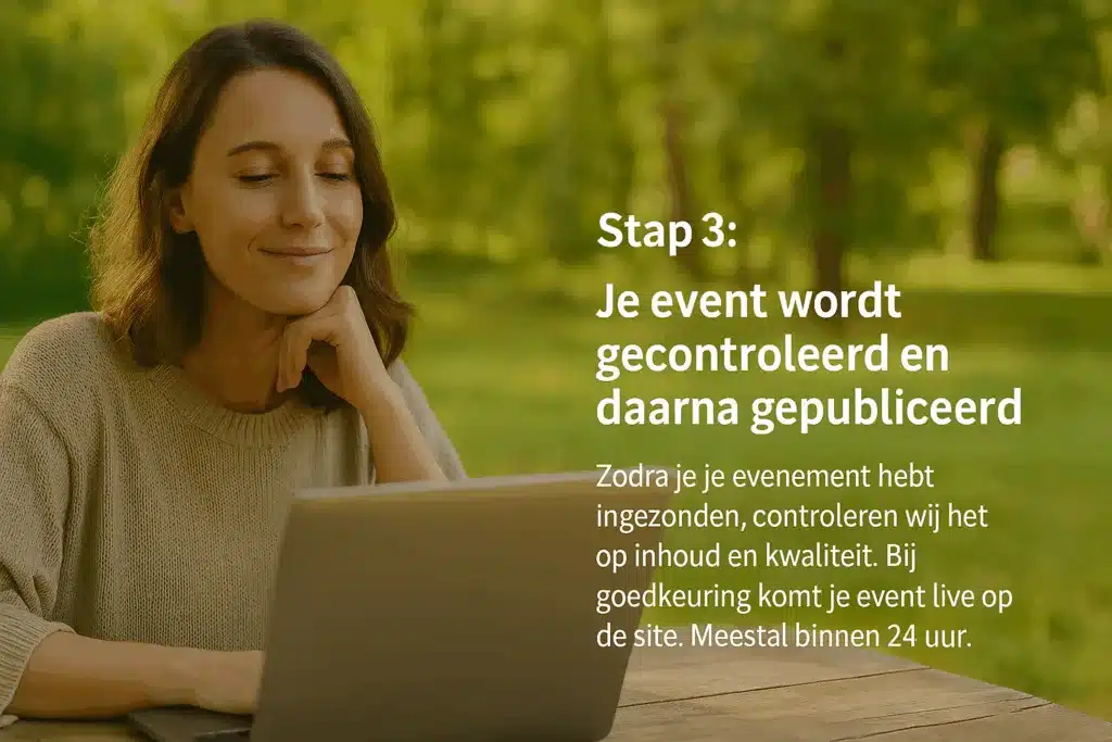 vrouw kijkt tevreden naar laptop aan houten tafel in een groene tuin – stap 3: eventcontrole en publicatie op Suboha
