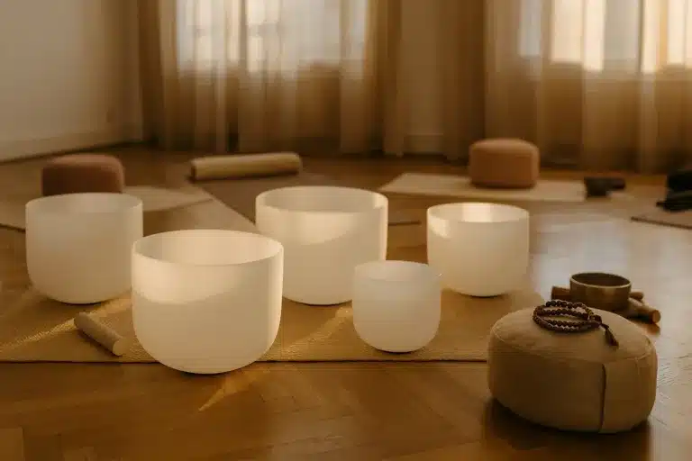 Kristallen klankschalen en meditatiekussen in een warme, rustgevende ruimte, klaar voor een sound healing sessie bij Suboha