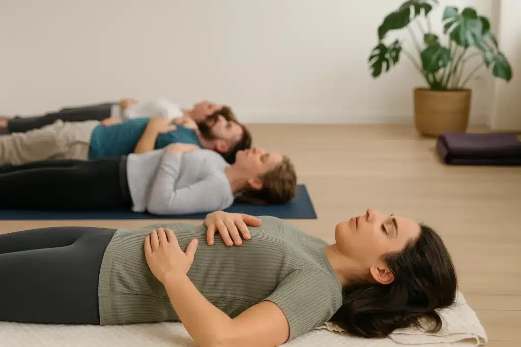 Deelnemers liggen ontspannen op yogamatten tijdens een lichaamsgerichte BRTT-sessie bij Suboha, in een lichte en rustgevende ruimte.