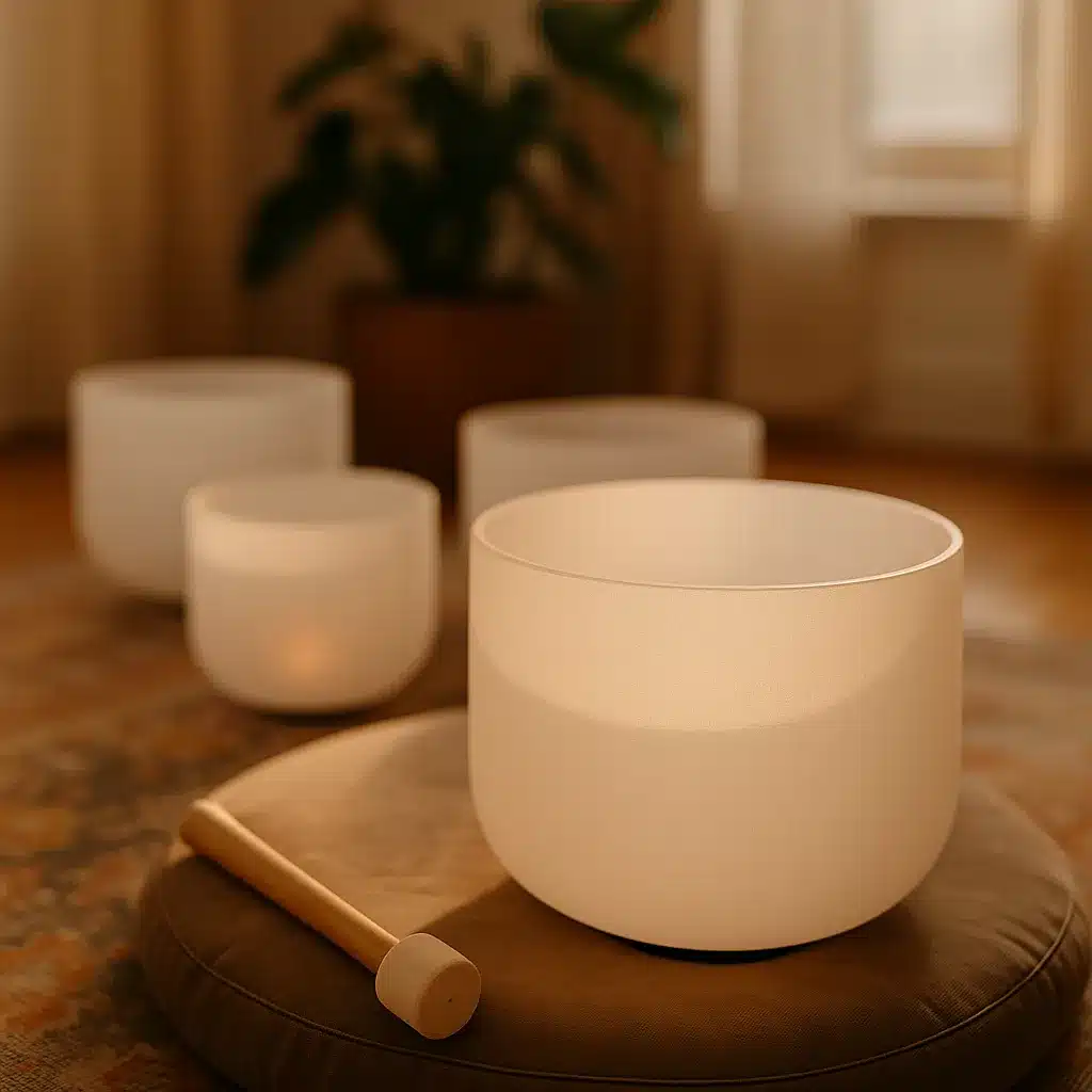 Kristallen klankschalen op een zacht kussen in een warme ruimte, klaar voor een sound healing sessie bij Suboha