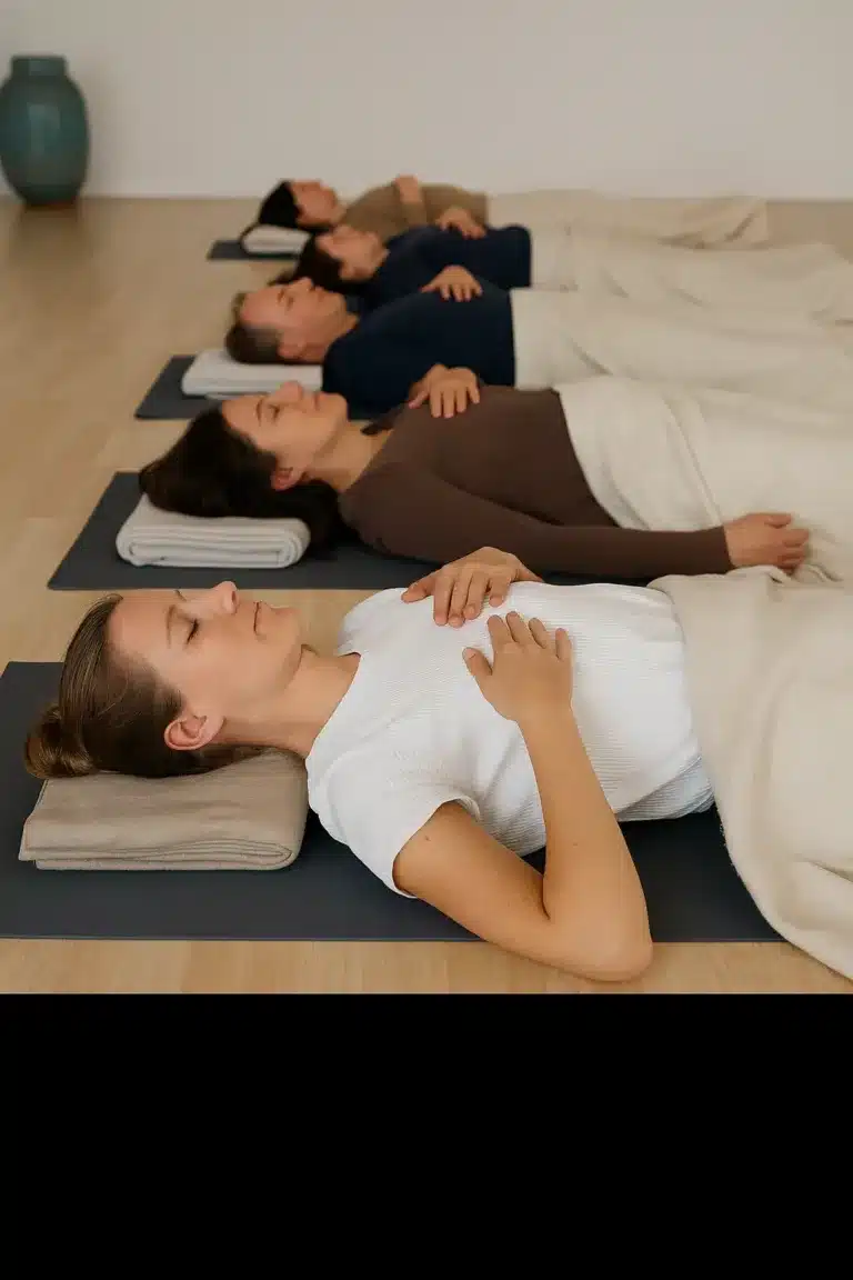 Deelnemers liggen ontspannen op matten tijdens een Trauma Release Breathwork sessie bij Suboha, met handen op buik en borst in een serene ruimte.
